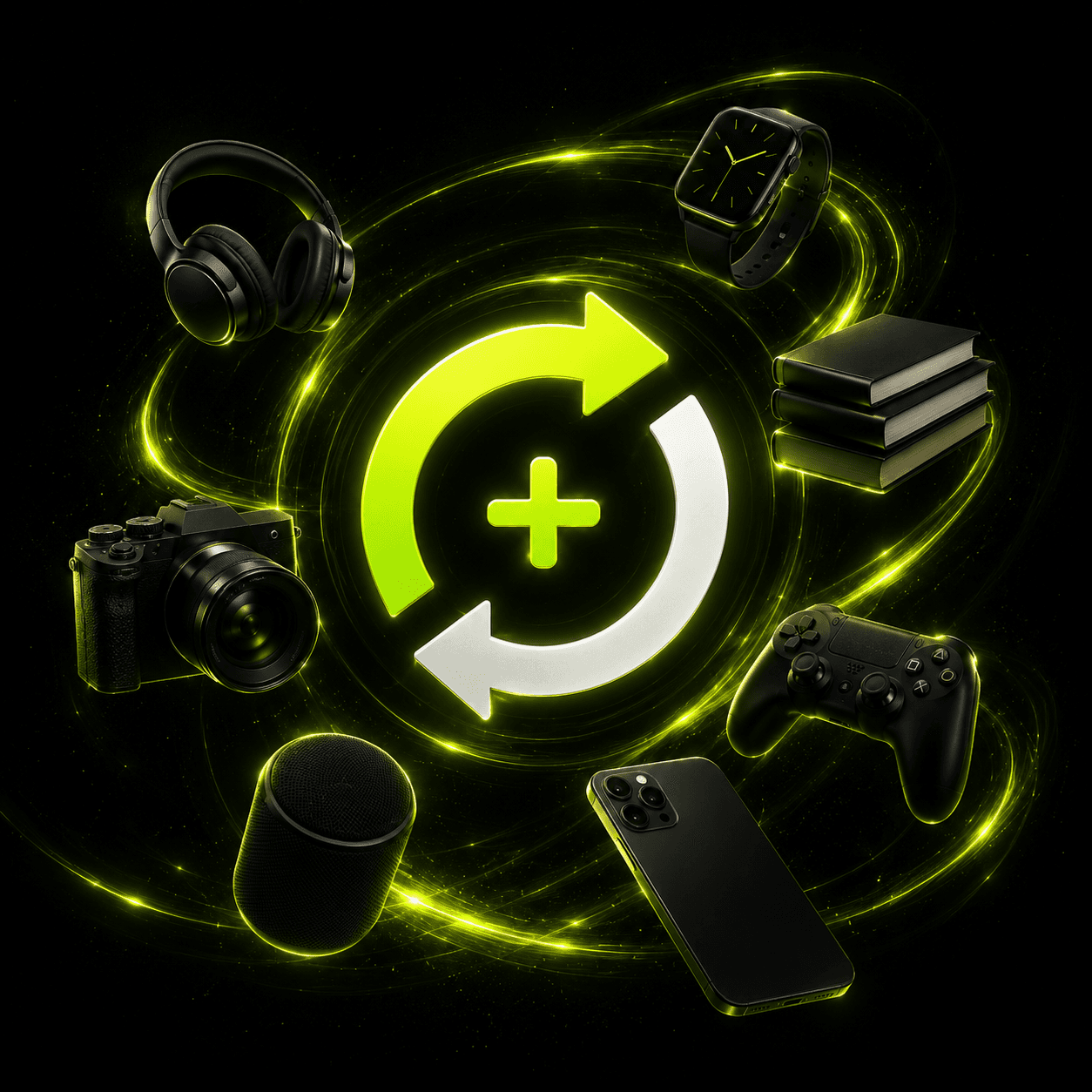 Símbolo TROKA+ rodeado por artigos como headphones, smartwatch, livros, câmara, comando gaming, coluna e smartphone