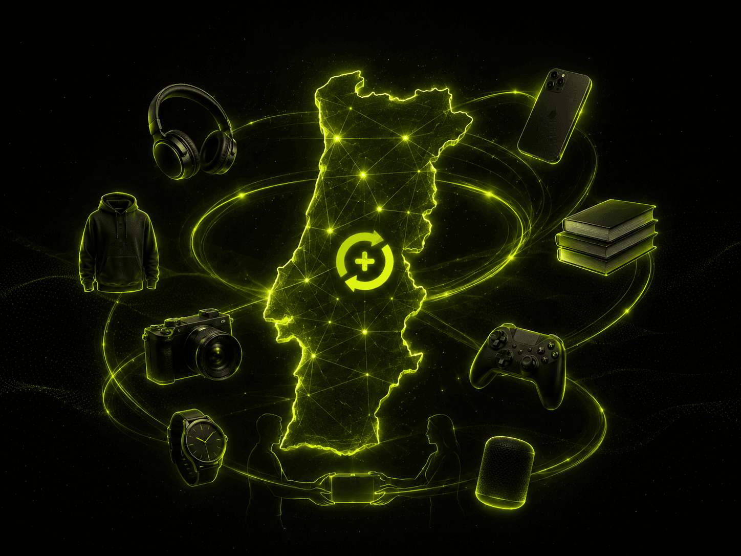 Mapa de Portugal com rede neon verde, símbolo TROKA+ e artigos a circular